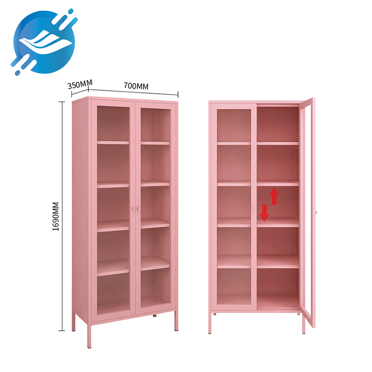 Kabinete e Fetohang ya Stylish Pink Metal Storage e nang le Menyako ea Khalase le Liraka | Youlian 1