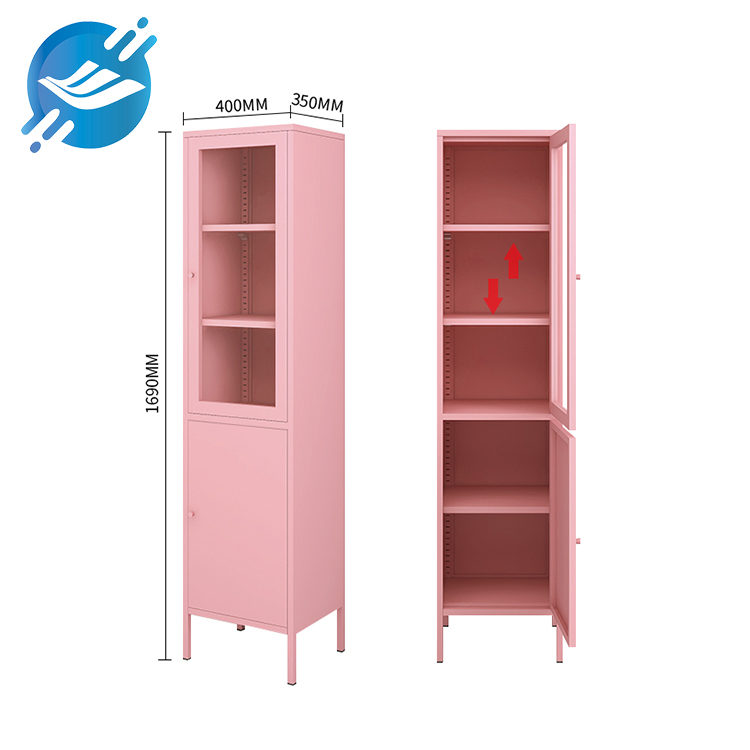 Daidaitacce Stylish Pink Metal Storage Cabinet tare da Gilashi Kofofin da Shelves | Yulyan 2