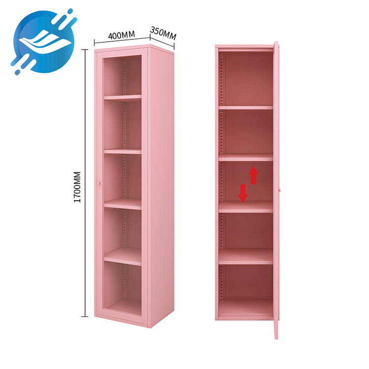 Ferstelbere Stylish Pink Metal Storage Cabinet mei glêzen doarren en planken | Youlian 3